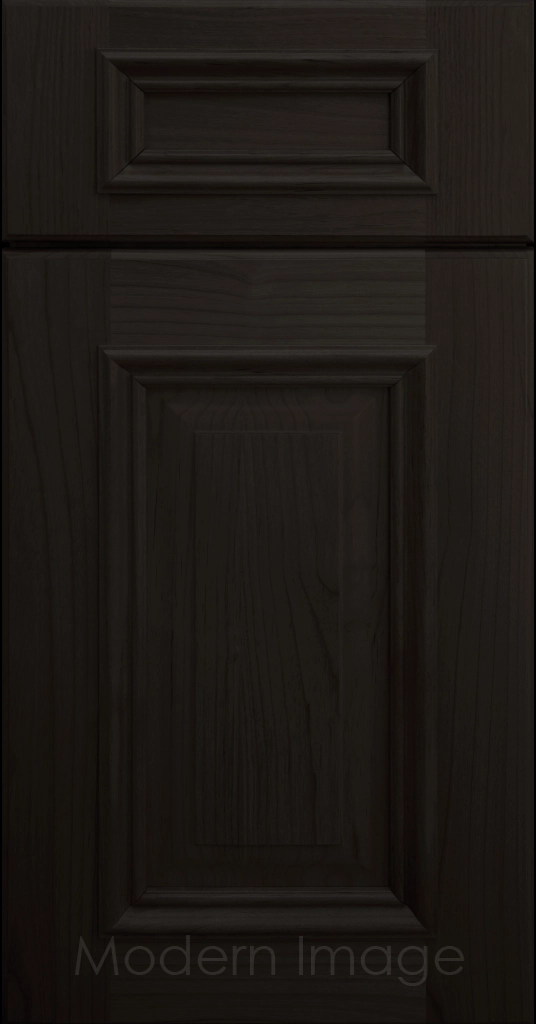 Onyx stained Hamilton cabinet door with a double raised panel and mitered elevated molding.